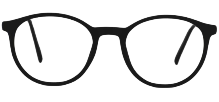  "Minimalist round eyeglasses made from black sheet-cut acetate, front view."
