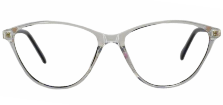 "Cat-eye eyeglasses with upswept outer edges and a sleek, vintage-inspired frame."