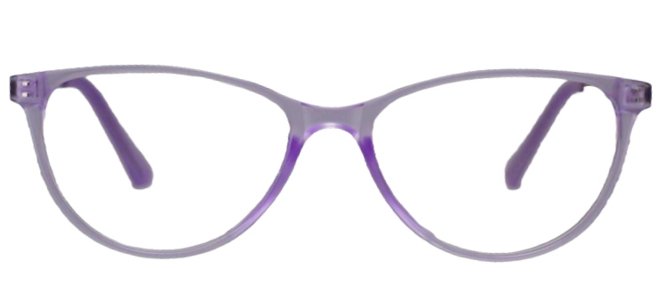  "Front view of cat eye eyeglasses with flat, sheet-cut plastic frames."