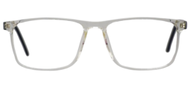 "Front view of square eyeglasses with flat, sheet-cut plastic frames in black."