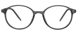 Modern eyeglasses with round shaped lenses and thin, sheet frames, displayed on a flat surface.