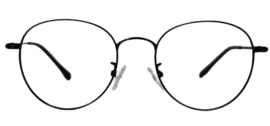 Modern eyeglasses with round shaped lenses and thin, metal frames, displayed on a flat surface.