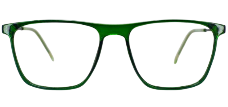 Modern eyeglasses with square shaped lenses and thin, sheet frames, displayed on a flat surface.