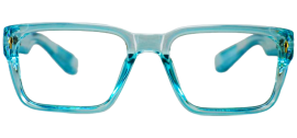 "Front view of square eyeglasses with flat, sheet-cut plastic frames in black."