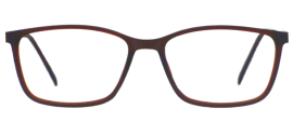 Modern eyeglasses with square shaped lenses and thin, metal frames, displayed on a flat surface.