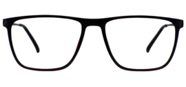 Modern eyeglasses with square-shaped lenses and thin, metal frames, displayed on a flat surface.