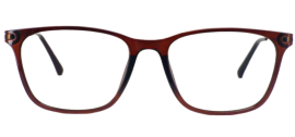 Modern eyeglasses with square-shaped lenses and thin, metal frames, displayed on a flat surface.