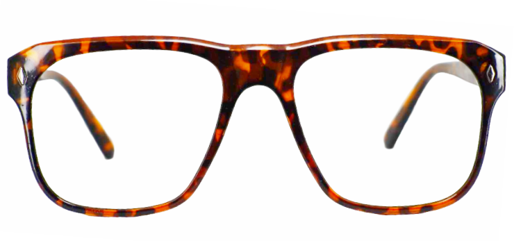  "Square-shaped eyeglasses with black sheet-cut acetate frames, front view."