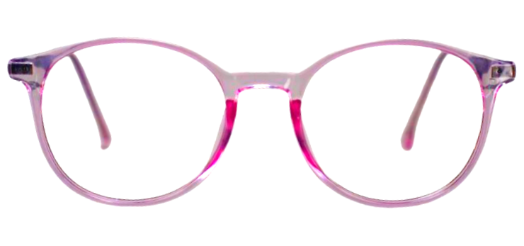  "Minimalist round eyeglasses made from pink sheet-cut acetate, front view."
