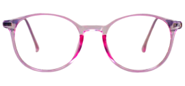 "Minimalist round eyeglasses made from pink sheet-cut acetate, front view."