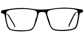 "Square-shaped eyeglasses with black sheet-cut acetate frames, front view."