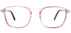 "Square-shaped eyeglasses with black sheet-cut acetate frames, front view."