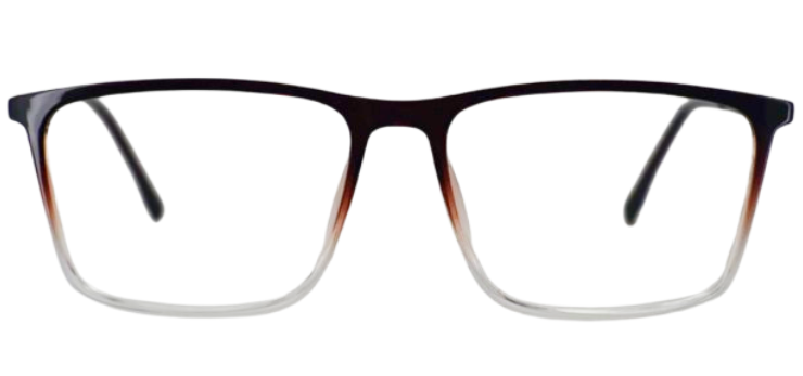  "Front view of square eyeglasses with flat, sheet-cut plastic frames