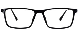 "Front view of square eyeglasses with flat, sheet-cut plastic frames in black."