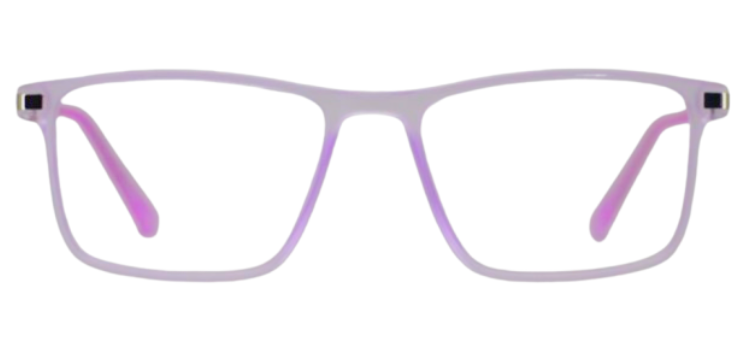 Modern eyeglasses with square shaped lenses and thin, sheet frames, displayed on a flat surface.