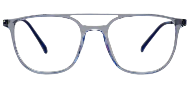 Modern eyeglasses with square-shaped lenses and thin, metal frames, displayed on a flat surface.