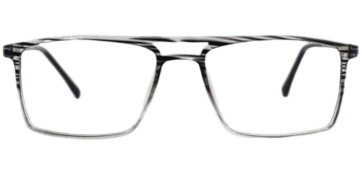  Modern eyeglasses with square-shaped lenses and thin, metal frames, displayed on a flat surface.