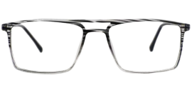 Modern eyeglasses with square-shaped lenses and thin, metal frames, displayed on a flat surface.