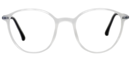 Modern eyeglasses with round shaped lenses and thin, metal frames, displayed on a flat surface.