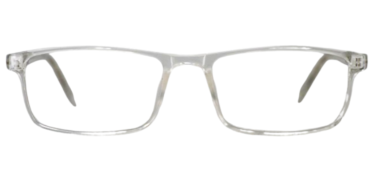 Modern eyeglasses with rectangle shaped lenses and thin, metal frames, displayed on a flat surface.