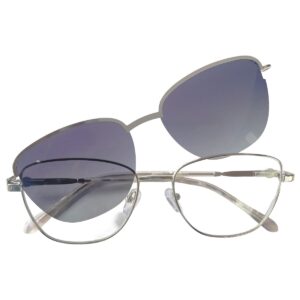 Cliqlens Silver Cat-Eye Metal Frame with Magnetic Clip-On Sunglasses – Blackish Blue Lens | For Women's