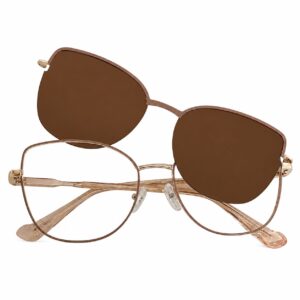 Stylish Light Brown & Golden Cat-Eye Metal Frame with Magnetic Clip-On Sunglasses β Brown Lens