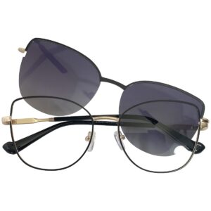 Women's Black & Golden Cat-Eye Metal Frame with Magnetic Clip-On Sunglasses – Blackish Lens