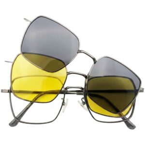 Premium Women's Square Frame with 2 Magnetic Clip-On Sunglasses – Yellow (Night) & Black (Day) Lens Set